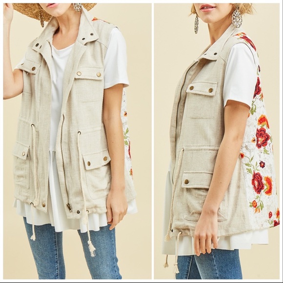 Floral Lace & Linen Military Style Vest - Picture 6 of 8